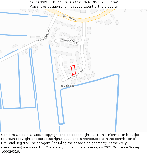 42, CASSWELL DRIVE, QUADRING, SPALDING, PE11 4QW: Location map and indicative extent of plot