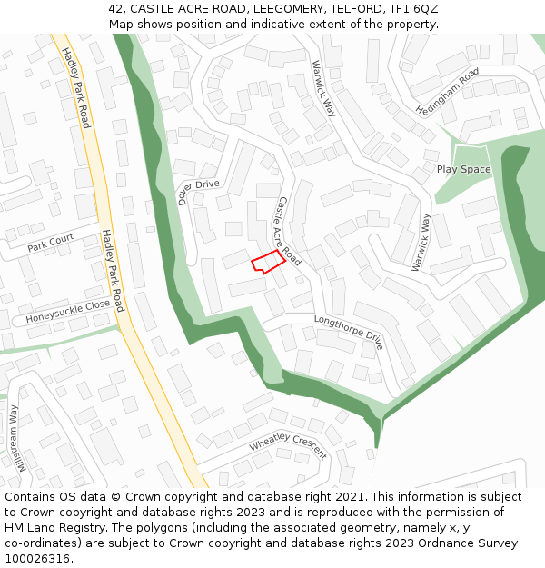 42, CASTLE ACRE ROAD, LEEGOMERY, TELFORD, TF1 6QZ: Location map and indicative extent of plot