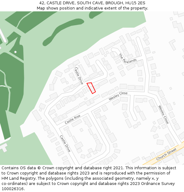 42, CASTLE DRIVE, SOUTH CAVE, BROUGH, HU15 2ES: Location map and indicative extent of plot