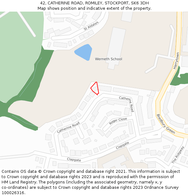 42, CATHERINE ROAD, ROMILEY, STOCKPORT, SK6 3DH: Location map and indicative extent of plot