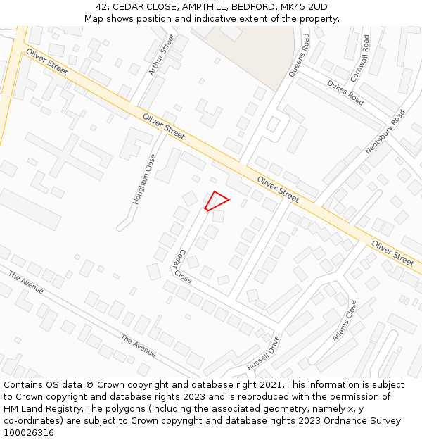 42, CEDAR CLOSE, AMPTHILL, BEDFORD, MK45 2UD: Location map and indicative extent of plot