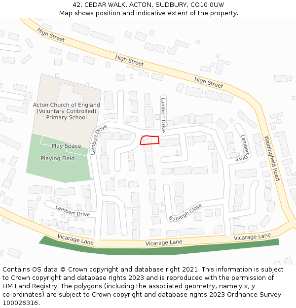 42, CEDAR WALK, ACTON, SUDBURY, CO10 0UW: Location map and indicative extent of plot
