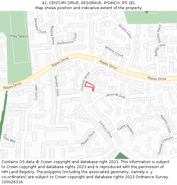 42, CENTURY DRIVE, KESGRAVE, IPSWICH, IP5 2EL: Location map and indicative extent of plot