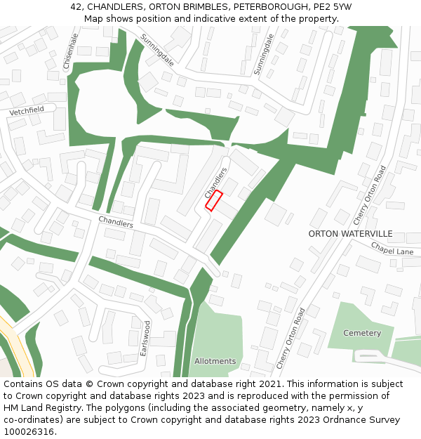 42, CHANDLERS, ORTON BRIMBLES, PETERBOROUGH, PE2 5YW: Location map and indicative extent of plot