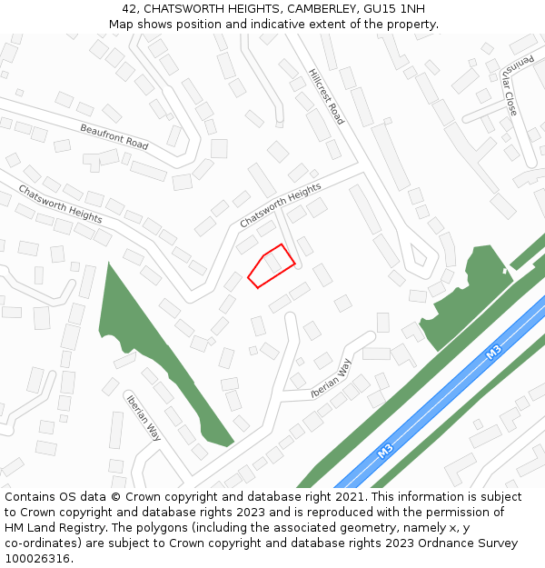 42, CHATSWORTH HEIGHTS, CAMBERLEY, GU15 1NH: Location map and indicative extent of plot