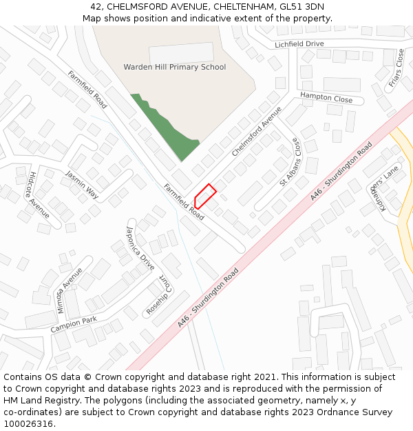 42, CHELMSFORD AVENUE, CHELTENHAM, GL51 3DN: Location map and indicative extent of plot