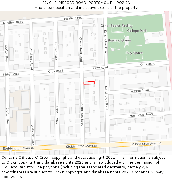 42, CHELMSFORD ROAD, PORTSMOUTH, PO2 0JY: Location map and indicative extent of plot