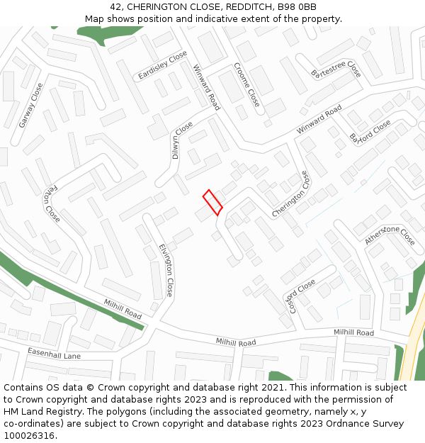 42, CHERINGTON CLOSE, REDDITCH, B98 0BB: Location map and indicative extent of plot