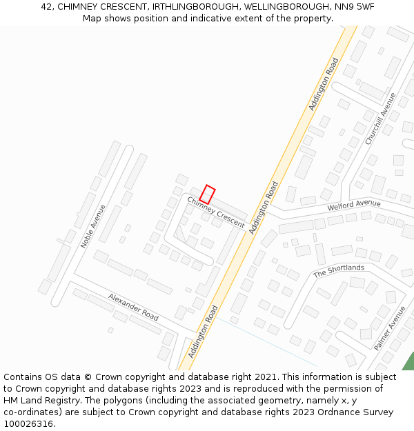 42, CHIMNEY CRESCENT, IRTHLINGBOROUGH, WELLINGBOROUGH, NN9 5WF: Location map and indicative extent of plot