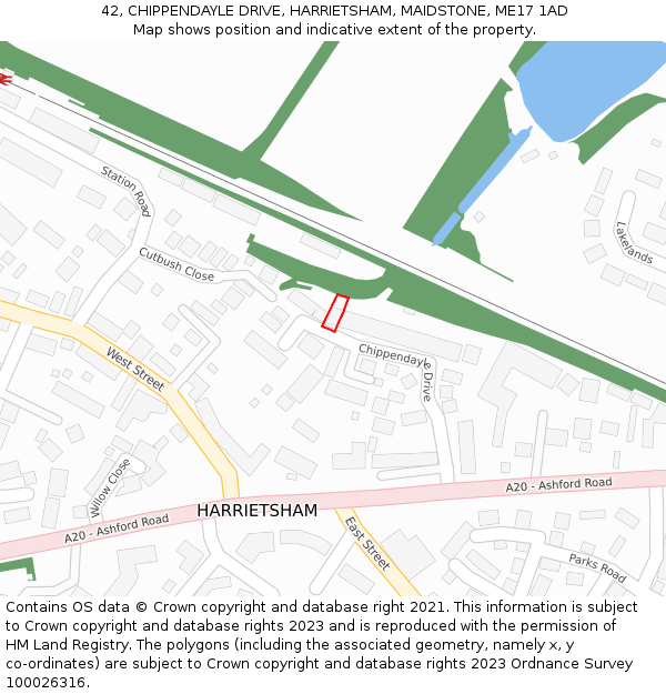 42, CHIPPENDAYLE DRIVE, HARRIETSHAM, MAIDSTONE, ME17 1AD: Location map and indicative extent of plot