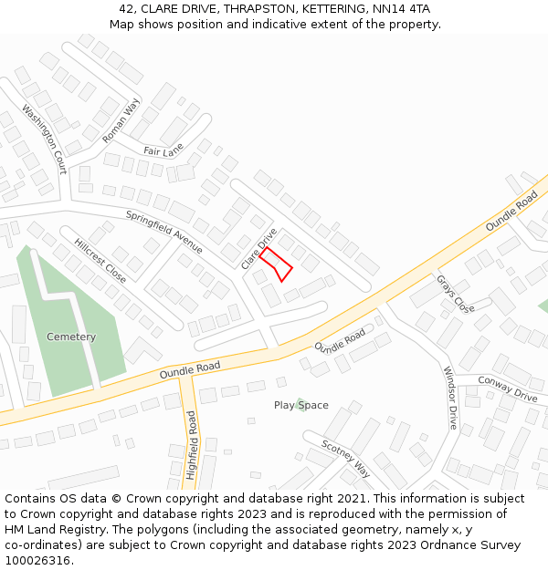 42, CLARE DRIVE, THRAPSTON, KETTERING, NN14 4TA: Location map and indicative extent of plot