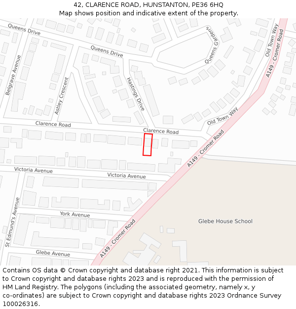 42, CLARENCE ROAD, HUNSTANTON, PE36 6HQ: Location map and indicative extent of plot