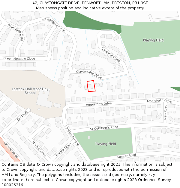 42, CLAYTONGATE DRIVE, PENWORTHAM, PRESTON, PR1 9SE: Location map and indicative extent of plot