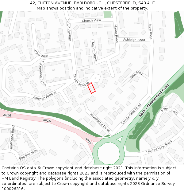 42, CLIFTON AVENUE, BARLBOROUGH, CHESTERFIELD, S43 4HF: Location map and indicative extent of plot