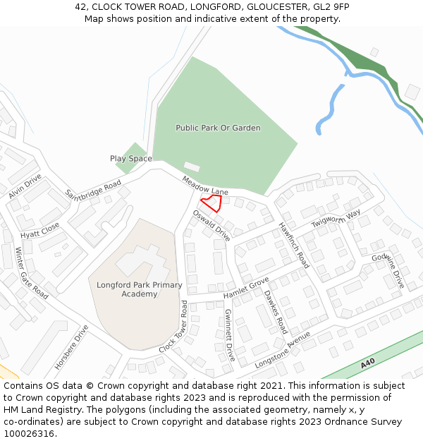 42, CLOCK TOWER ROAD, LONGFORD, GLOUCESTER, GL2 9FP: Location map and indicative extent of plot