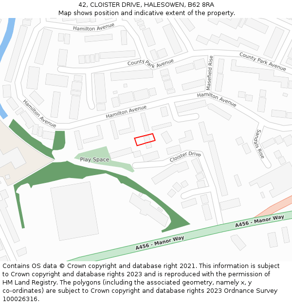42, CLOISTER DRIVE, HALESOWEN, B62 8RA: Location map and indicative extent of plot