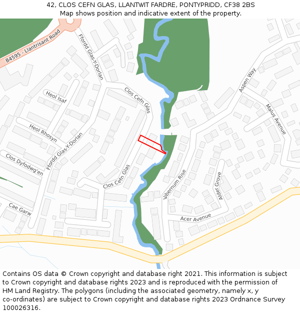 42, CLOS CEFN GLAS, LLANTWIT FARDRE, PONTYPRIDD, CF38 2BS: Location map and indicative extent of plot