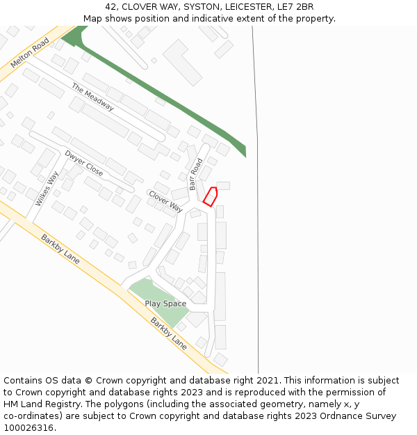 42, CLOVER WAY, SYSTON, LEICESTER, LE7 2BR: Location map and indicative extent of plot