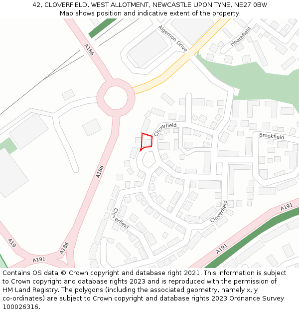 42, CLOVERFIELD, WEST ALLOTMENT, NEWCASTLE UPON TYNE, NE27 0BW: Location map and indicative extent of plot