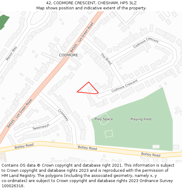 42, CODMORE CRESCENT, CHESHAM, HP5 3LZ: Location map and indicative extent of plot