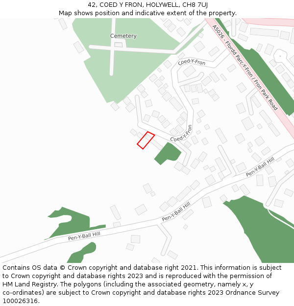 42, COED Y FRON, HOLYWELL, CH8 7UJ: Location map and indicative extent of plot
