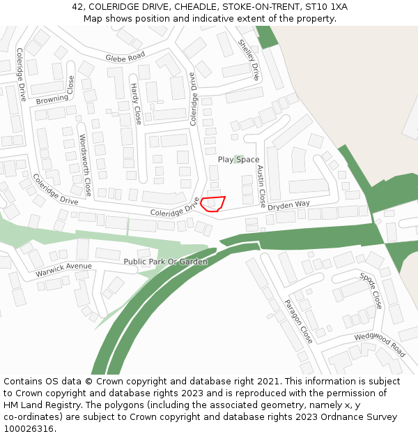 42, COLERIDGE DRIVE, CHEADLE, STOKE-ON-TRENT, ST10 1XA: Location map and indicative extent of plot