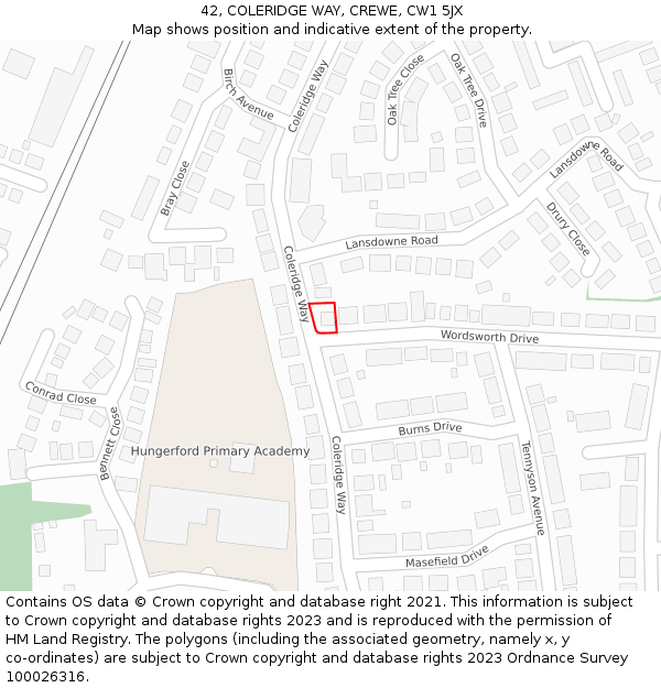 42, COLERIDGE WAY, CREWE, CW1 5JX: Location map and indicative extent of plot