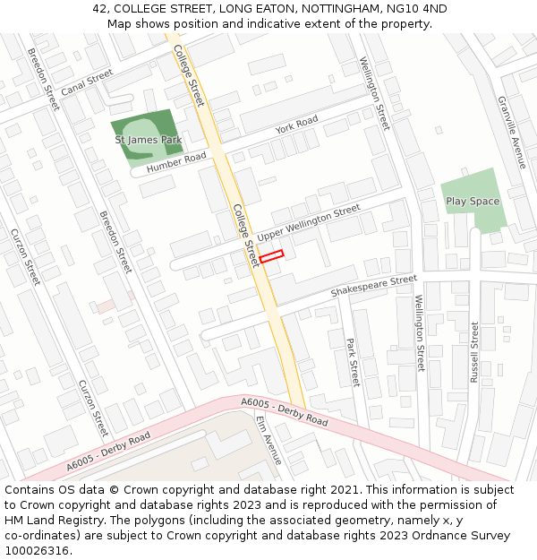 42, COLLEGE STREET, LONG EATON, NOTTINGHAM, NG10 4ND: Location map and indicative extent of plot