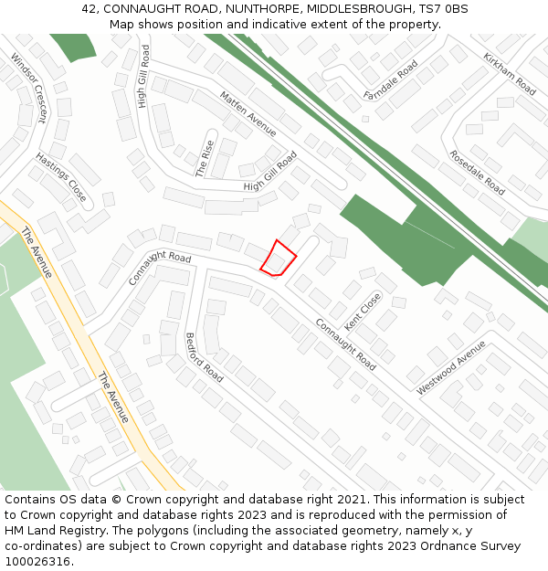 42, CONNAUGHT ROAD, NUNTHORPE, MIDDLESBROUGH, TS7 0BS: Location map and indicative extent of plot