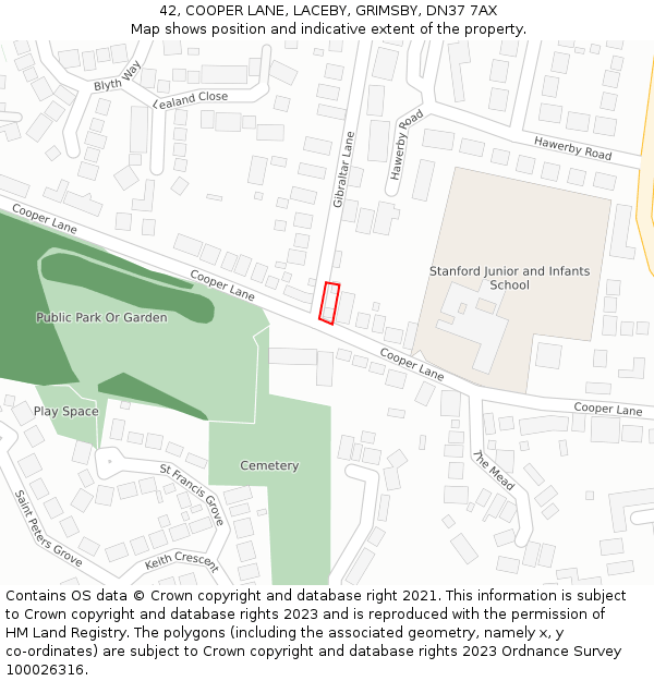 42, COOPER LANE, LACEBY, GRIMSBY, DN37 7AX: Location map and indicative extent of plot