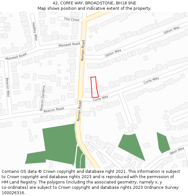 42, CORFE WAY, BROADSTONE, BH18 9NE: Location map and indicative extent of plot