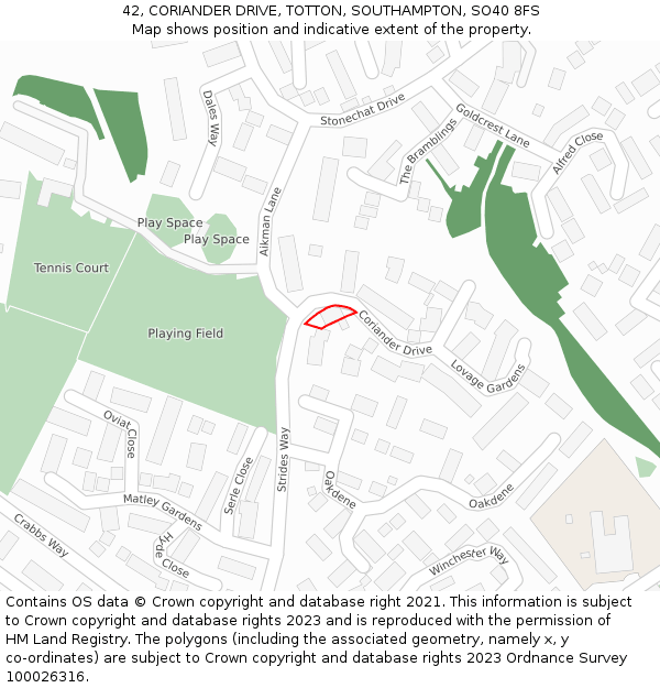 42, CORIANDER DRIVE, TOTTON, SOUTHAMPTON, SO40 8FS: Location map and indicative extent of plot