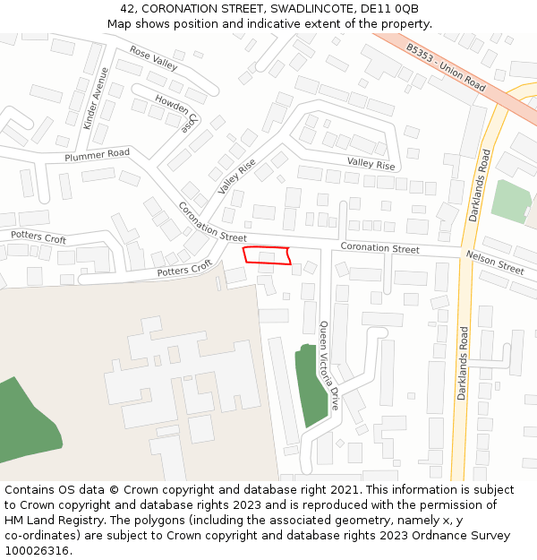 42, CORONATION STREET, SWADLINCOTE, DE11 0QB: Location map and indicative extent of plot