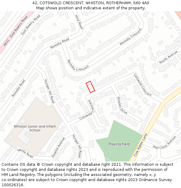 42, COTSWOLD CRESCENT, WHISTON, ROTHERHAM, S60 4AX: Location map and indicative extent of plot