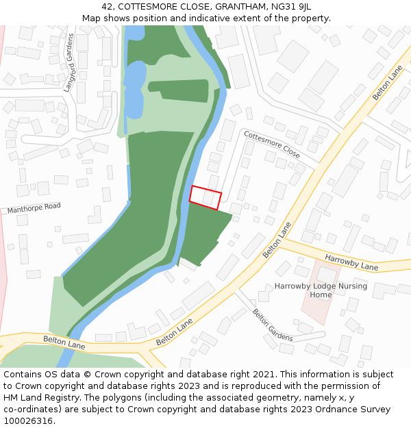 42, COTTESMORE CLOSE, GRANTHAM, NG31 9JL: Location map and indicative extent of plot