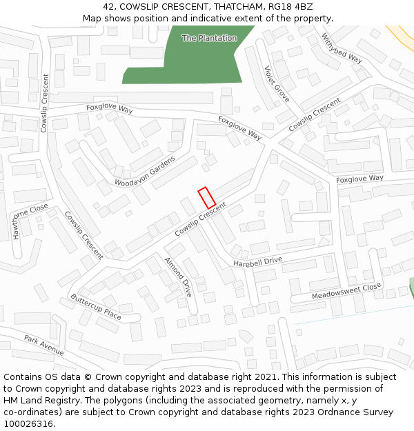 42, COWSLIP CRESCENT, THATCHAM, RG18 4BZ: Location map and indicative extent of plot