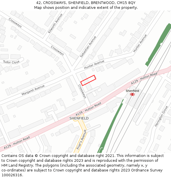 42, CROSSWAYS, SHENFIELD, BRENTWOOD, CM15 8QY: Location map and indicative extent of plot