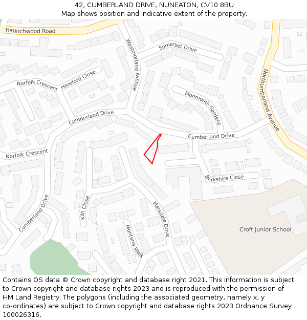 42, CUMBERLAND DRIVE, NUNEATON, CV10 8BU: Location map and indicative extent of plot