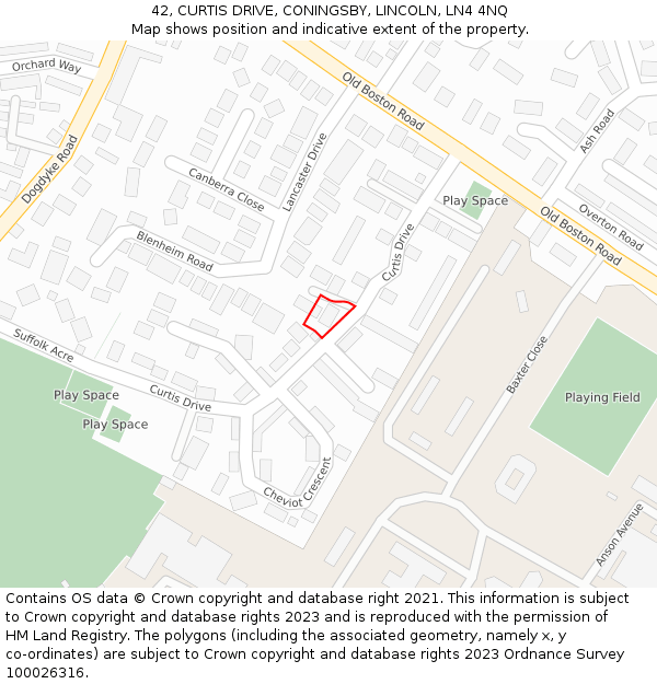 42, CURTIS DRIVE, CONINGSBY, LINCOLN, LN4 4NQ: Location map and indicative extent of plot