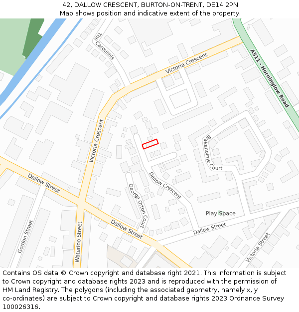 42, DALLOW CRESCENT, BURTON-ON-TRENT, DE14 2PN: Location map and indicative extent of plot