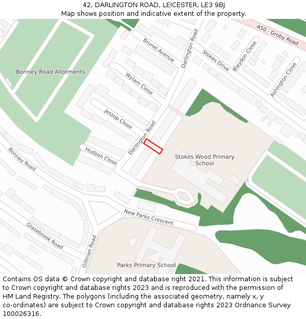 42, DARLINGTON ROAD, LEICESTER, LE3 9BJ: Location map and indicative extent of plot