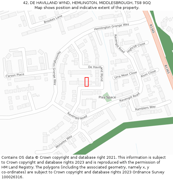 42, DE HAVILLAND WYND, HEMLINGTON, MIDDLESBROUGH, TS8 9GQ: Location map and indicative extent of plot