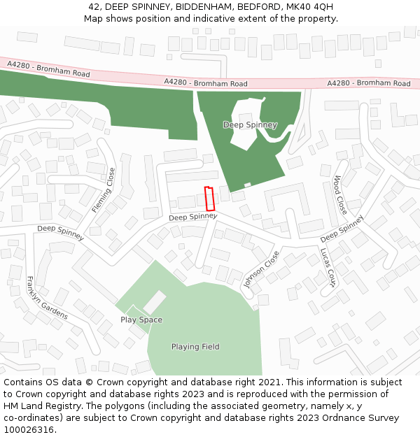 42, DEEP SPINNEY, BIDDENHAM, BEDFORD, MK40 4QH: Location map and indicative extent of plot