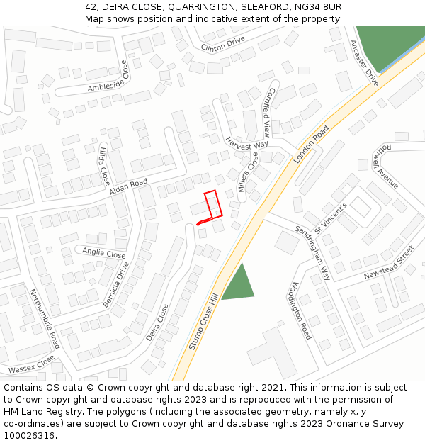 42, DEIRA CLOSE, QUARRINGTON, SLEAFORD, NG34 8UR: Location map and indicative extent of plot