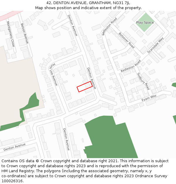 42, DENTON AVENUE, GRANTHAM, NG31 7JL: Location map and indicative extent of plot