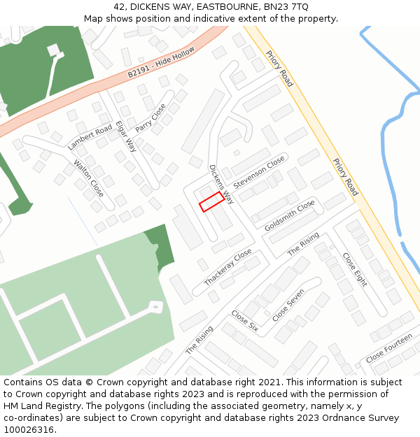 42, DICKENS WAY, EASTBOURNE, BN23 7TQ: Location map and indicative extent of plot