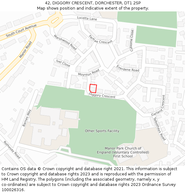 42, DIGGORY CRESCENT, DORCHESTER, DT1 2SP: Location map and indicative extent of plot