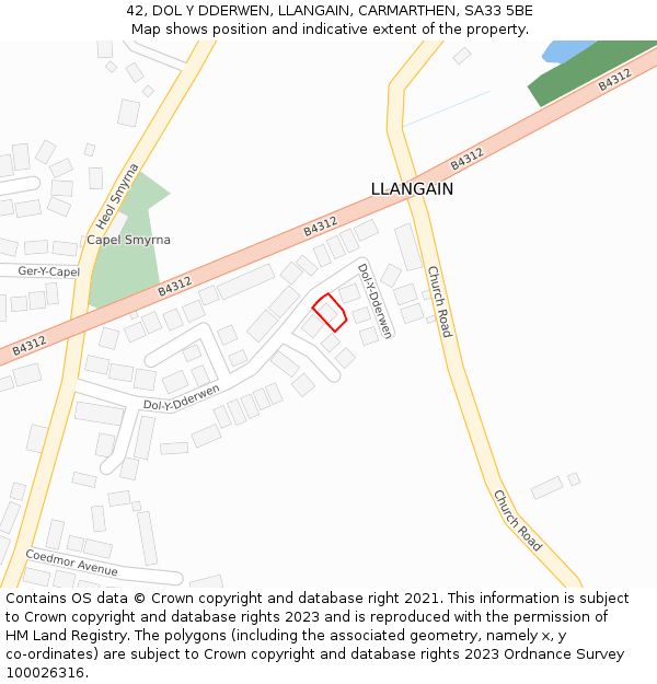 42, DOL Y DDERWEN, LLANGAIN, CARMARTHEN, SA33 5BE: Location map and indicative extent of plot