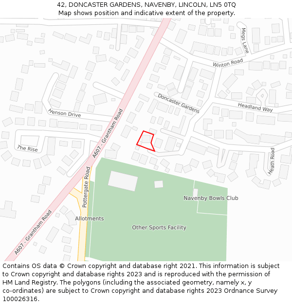 42, DONCASTER GARDENS, NAVENBY, LINCOLN, LN5 0TQ: Location map and indicative extent of plot