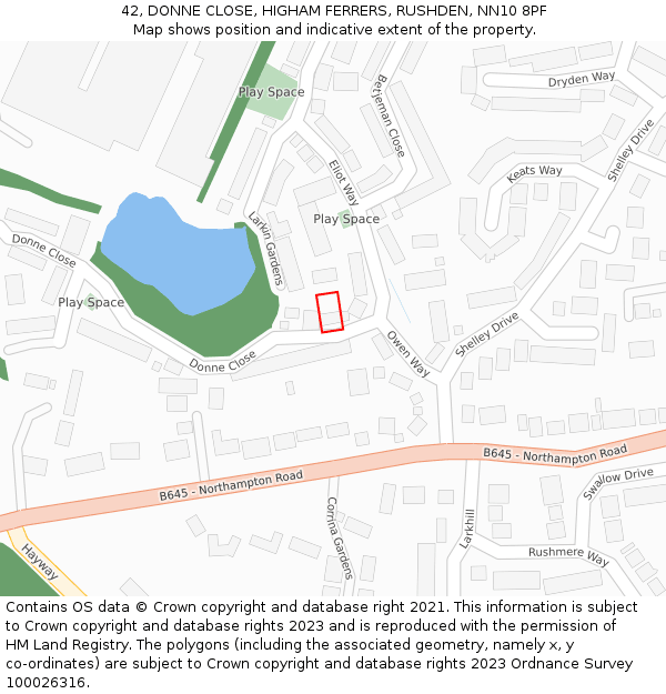 42, DONNE CLOSE, HIGHAM FERRERS, RUSHDEN, NN10 8PF: Location map and indicative extent of plot
